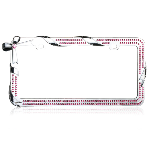 "Bow with Ribbon Wrap" Chrome Metal License Plate Frame with Pink Crystals